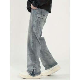 Men's Solid Denim Barrel Pants With Pockets, Vintage Style Cotton Blend Split Jeans For Spring Fall Outdoor Activities Men's Solid Denim Barrel Pants With Pockets, Vintage Style Cotton Blend Split Jeans For Spring Fall Outdoor Activities