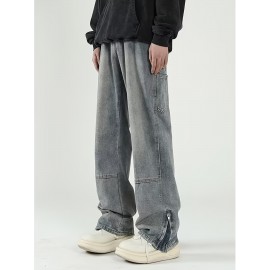 Men's Solid Denim Barrel Pants With Pockets, Vintage Style Cotton Blend Split Jeans For Spring Fall Outdoor Activities Men's Solid Denim Barrel Pants With Pockets, Vintage Style Cotton Blend Split Jeans For Spring Fall Outdoor Activities