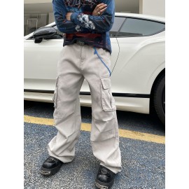 1pc Vintage-Inspired Street Style Loose-Fit Cargo Jeans for Adults, Solid Color Cotton Fabric, Non-Stretch, Multiple Pockets, Regular Length, All-Season Woven Trousers 1pc Vintage-Inspired Street Style Loose-Fit Cargo Jeans for Adults, Solid Color Cotton Fabric, Non-Stretch, Multiple Pockets, Regular Length, All-Season Woven Trousers