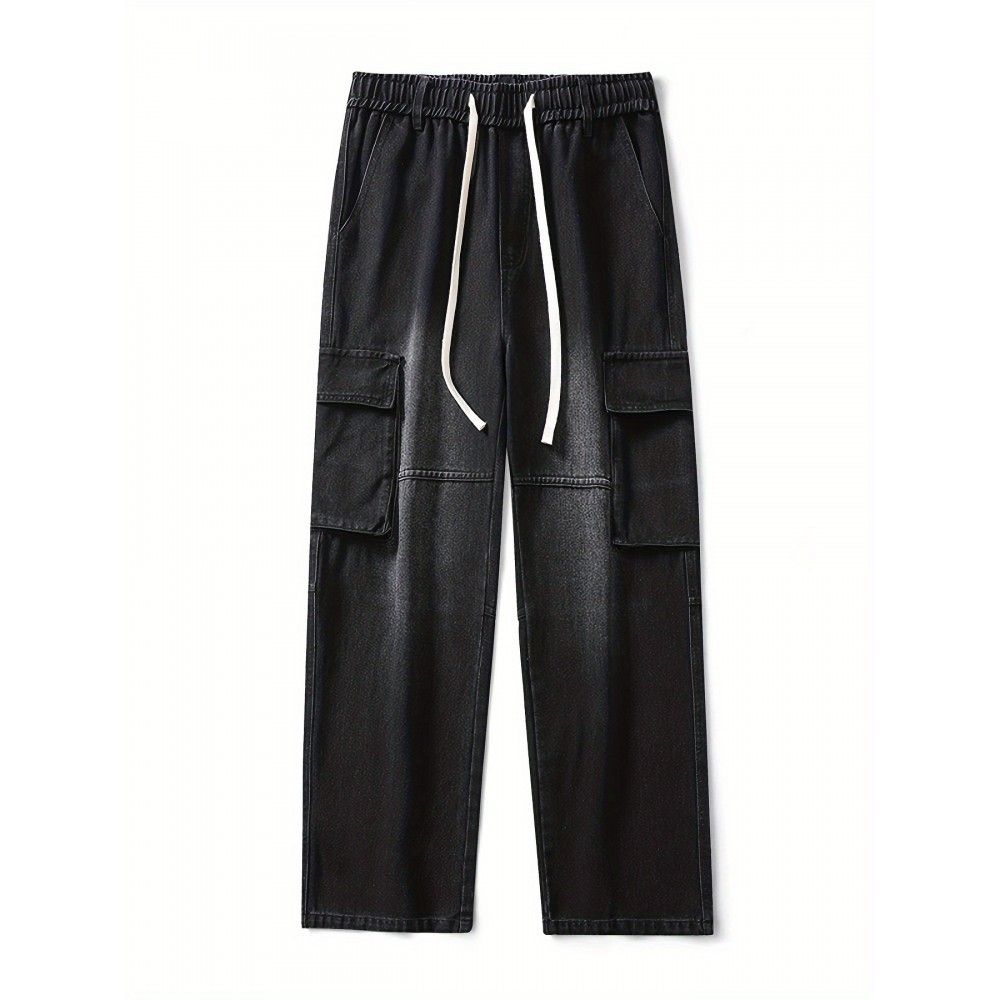 Men's Loose Gradient Color Denim Trousers With Pockets, Causal Drawstring Cotton Blend Jeans For Outdoor Activities Men's Loose Gradient Color Denim Trousers With Pockets, Causal Drawstring Cotton Blend Jeans For Outdoor Activities