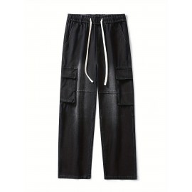 Men's Loose Gradient Color Denim Trousers With Pockets, Causal Drawstring Cotton Blend Jeans For Outdoor Activities Men's Loose Gradient Color Denim Trousers With Pockets, Causal Drawstring Cotton Blend Jeans For Outdoor Activities
