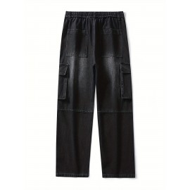 Men's Loose Gradient Color Denim Trousers With Pockets, Causal Drawstring Cotton Blend Jeans For Outdoor Activities Men's Loose Gradient Color Denim Trousers With Pockets, Causal Drawstring Cotton Blend Jeans For Outdoor Activities