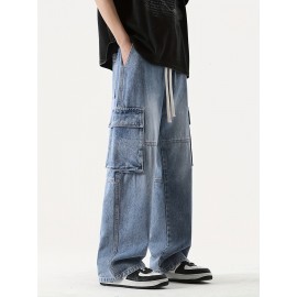 Men's Loose Gradient Color Denim Trousers With Pockets, Causal Drawstring Cotton Blend Jeans For Outdoor Activities Men's Loose Gradient Color Denim Trousers With Pockets, Causal Drawstring Cotton Blend Jeans For Outdoor Activities