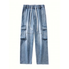 Men's Loose Gradient Color Denim Trousers With Pockets, Causal Drawstring Cotton Blend Jeans For Outdoor Activities Men's Loose Gradient Color Denim Trousers With Pockets, Causal Drawstring Cotton Blend Jeans For Outdoor Activities
