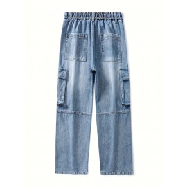 Men's Loose Gradient Color Denim Trousers With Pockets, Causal Drawstring Cotton Blend Jeans For Outdoor Activities Men's Loose Gradient Color Denim Trousers With Pockets, Causal Drawstring Cotton Blend Jeans For Outdoor Activities
