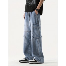 Men's Loose Gradient Color Denim Trousers With Pockets, Causal Drawstring Cotton Blend Jeans For Outdoor Activities Men's Loose Gradient Color Denim Trousers With Pockets, Causal Drawstring Cotton Blend Jeans For Outdoor Activities