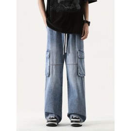 Men's Loose Gradient Color Denim Trousers With Pockets, Causal Drawstring Cotton Blend Jeans For Outdoor Activities Men's Loose Gradient Color Denim Trousers With Pockets, Causal Drawstring Cotton Blend Jeans For Outdoor Activities