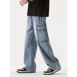 Men's Loose Gradient Color Denim Trousers With Pockets, Causal Drawstring Cotton Blend Jeans For Outdoor Activities Men's Loose Gradient Color Denim Trousers With Pockets, Causal Drawstring Cotton Blend Jeans For Outdoor Activities