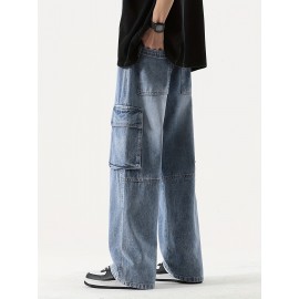 Men's Loose Gradient Color Denim Trousers With Pockets, Causal Drawstring Cotton Blend Jeans For Outdoor Activities Men's Loose Gradient Color Denim Trousers With Pockets, Causal Drawstring Cotton Blend Jeans For Outdoor Activities