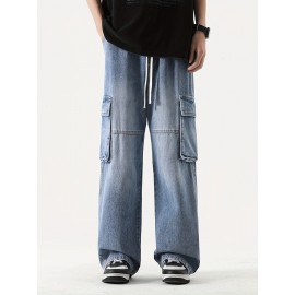Men's Loose Gradient Color Denim Trousers With Pockets, Causal Drawstring Cotton Blend Jeans For Outdoor Activities Men's Loose Gradient Color Denim Trousers With Pockets, Causal Drawstring Cotton Blend Jeans For Outdoor Activities