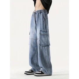 Men's Loose Gradient Color Denim Trousers With Pockets, Causal Drawstring Cotton Blend Jeans For Outdoor Activities Men's Loose Gradient Color Denim Trousers With Pockets, Causal Drawstring Cotton Blend Jeans For Outdoor Activities