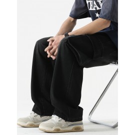 Men's Loose Gradient Color Denim Trousers With Pockets, Causal Drawstring Cotton Blend Jeans For Outdoor Activities Men's Loose Gradient Color Denim Trousers With Pockets, Causal Drawstring Cotton Blend Jeans For Outdoor Activities