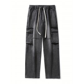 Men's Loose Gradient Color Denim Trousers With Pockets, Causal Drawstring Cotton Blend Jeans For Outdoor Activities Men's Loose Gradient Color Denim Trousers With Pockets, Causal Drawstring Cotton Blend Jeans For Outdoor Activities