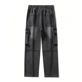 Men's Loose Gradient Color Denim Trousers With Pockets, Causal Drawstring Cotton Blend Jeans For Outdoor Activities Men's Loose Gradient Color Denim Trousers With Pockets, Causal Drawstring Cotton Blend Jeans For Outdoor Activities