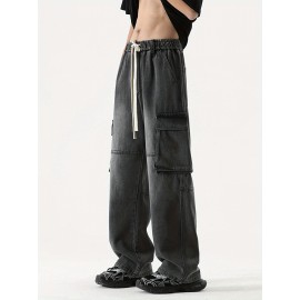 Men's Loose Gradient Color Denim Trousers With Pockets, Causal Drawstring Cotton Blend Jeans For Outdoor Activities Men's Loose Gradient Color Denim Trousers With Pockets, Causal Drawstring Cotton Blend Jeans For Outdoor Activities