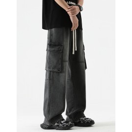 Men's Loose Gradient Color Denim Trousers With Pockets, Causal Drawstring Cotton Blend Jeans For Outdoor Activities Men's Loose Gradient Color Denim Trousers With Pockets, Causal Drawstring Cotton Blend Jeans For Outdoor Activities