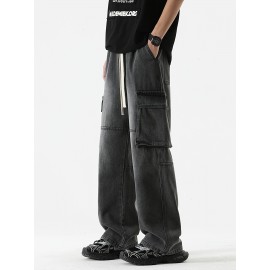 Men's Loose Gradient Color Denim Trousers With Pockets, Causal Drawstring Cotton Blend Jeans For Outdoor Activities Men's Loose Gradient Color Denim Trousers With Pockets, Causal Drawstring Cotton Blend Jeans For Outdoor Activities