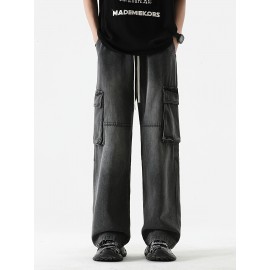 Men's Loose Gradient Color Denim Trousers With Pockets, Causal Drawstring Cotton Blend Jeans For Outdoor Activities Men's Loose Gradient Color Denim Trousers With Pockets, Causal Drawstring Cotton Blend Jeans For Outdoor Activities
