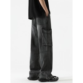 Men's Loose Gradient Color Denim Trousers With Pockets, Causal Drawstring Cotton Blend Jeans For Outdoor Activities Men's Loose Gradient Color Denim Trousers With Pockets, Causal Drawstring Cotton Blend Jeans For Outdoor Activities