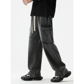 Men's Loose Gradient Color Denim Trousers With Pockets, Causal Drawstring Cotton Blend Jeans For Outdoor Activities Men's Loose Gradient Color Denim Trousers With Pockets, Causal Drawstring Cotton Blend Jeans For Outdoor Activities