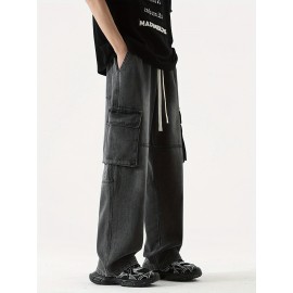 Men's Loose Gradient Color Denim Trousers With Pockets, Causal Drawstring Cotton Blend Jeans For Outdoor Activities Men's Loose Gradient Color Denim Trousers With Pockets, Causal Drawstring Cotton Blend Jeans For Outdoor Activities