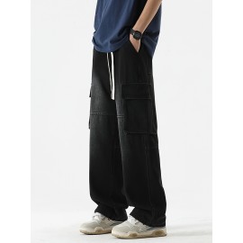 Men's Loose Gradient Color Denim Trousers With Pockets, Causal Drawstring Cotton Blend Jeans For Outdoor Activities Men's Loose Gradient Color Denim Trousers With Pockets, Causal Drawstring Cotton Blend Jeans For Outdoor Activities