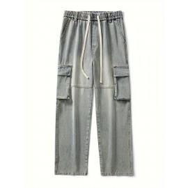 Men's Loose Gradient Color Denim Trousers With Pockets, Causal Drawstring Cotton Blend Jeans For Outdoor Activities Men's Loose Gradient Color Denim Trousers With Pockets, Causal Drawstring Cotton Blend Jeans For Outdoor Activities