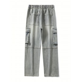 Men's Loose Gradient Color Denim Trousers With Pockets, Causal Drawstring Cotton Blend Jeans For Outdoor Activities Men's Loose Gradient Color Denim Trousers With Pockets, Causal Drawstring Cotton Blend Jeans For Outdoor Activities