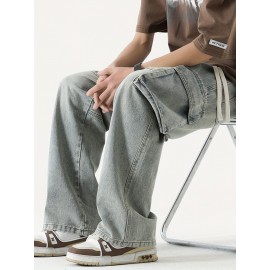 Men's Loose Gradient Color Denim Trousers With Pockets, Causal Drawstring Cotton Blend Jeans For Outdoor Activities Men's Loose Gradient Color Denim Trousers With Pockets, Causal Drawstring Cotton Blend Jeans For Outdoor Activities