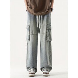 Men's Loose Gradient Color Denim Trousers With Pockets, Causal Drawstring Cotton Blend Jeans For Outdoor Activities Men's Loose Gradient Color Denim Trousers With Pockets, Causal Drawstring Cotton Blend Jeans For Outdoor Activities