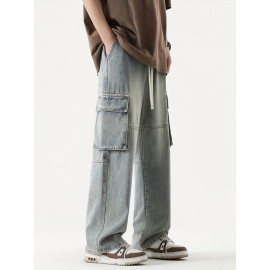 Men's Loose Gradient Color Denim Trousers With Pockets, Causal Drawstring Cotton Blend Jeans For Outdoor Activities Men's Loose Gradient Color Denim Trousers With Pockets, Causal Drawstring Cotton Blend Jeans For Outdoor Activities