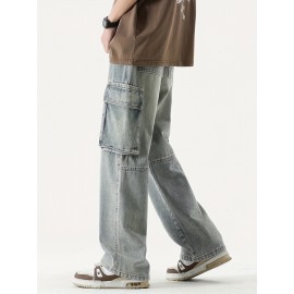 Men's Loose Gradient Color Denim Trousers With Pockets, Causal Drawstring Cotton Blend Jeans For Outdoor Activities Men's Loose Gradient Color Denim Trousers With Pockets, Causal Drawstring Cotton Blend Jeans For Outdoor Activities