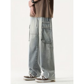 Men's Loose Gradient Color Denim Trousers With Pockets, Causal Drawstring Cotton Blend Jeans For Outdoor Activities Men's Loose Gradient Color Denim Trousers With Pockets, Causal Drawstring Cotton Blend Jeans For Outdoor Activities