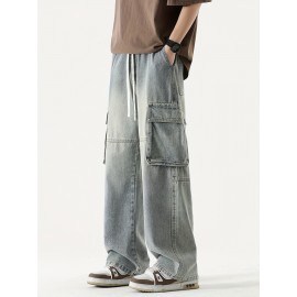 Men's Loose Gradient Color Denim Trousers With Pockets, Causal Drawstring Cotton Blend Jeans For Outdoor Activities Men's Loose Gradient Color Denim Trousers With Pockets, Causal Drawstring Cotton Blend Jeans For Outdoor Activities