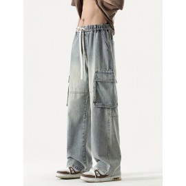 Men's Loose Gradient Color Denim Trousers With Pockets, Causal Drawstring Cotton Blend Jeans For Outdoor Activities Men's Loose Gradient Color Denim Trousers With Pockets, Causal Drawstring Cotton Blend Jeans For Outdoor Activities