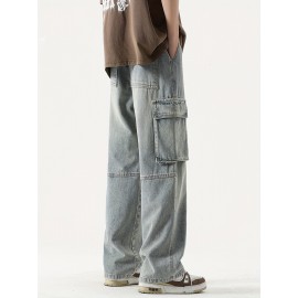 Men's Loose Gradient Color Denim Trousers With Pockets, Causal Drawstring Cotton Blend Jeans For Outdoor Activities Men's Loose Gradient Color Denim Trousers With Pockets, Causal Drawstring Cotton Blend Jeans For Outdoor Activities