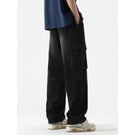 Men's Loose Gradient Color Denim Trousers With Pockets, Causal Drawstring Cotton Blend Jeans For Outdoor Activities Men's Loose Gradient Color Denim Trousers With Pockets, Causal Drawstring Cotton Blend Jeans For Outdoor Activities