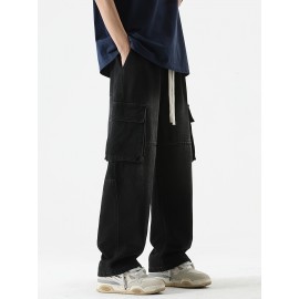Men's Loose Gradient Color Denim Trousers With Pockets, Causal Drawstring Cotton Blend Jeans For Outdoor Activities Men's Loose Gradient Color Denim Trousers With Pockets, Causal Drawstring Cotton Blend Jeans For Outdoor Activities