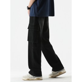Men's Loose Gradient Color Denim Trousers With Pockets, Causal Drawstring Cotton Blend Jeans For Outdoor Activities Men's Loose Gradient Color Denim Trousers With Pockets, Causal Drawstring Cotton Blend Jeans For Outdoor Activities