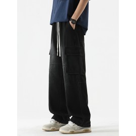 Men's Loose Gradient Color Denim Trousers With Pockets, Causal Drawstring Cotton Blend Jeans For Outdoor Activities Men's Loose Gradient Color Denim Trousers With Pockets, Causal Drawstring Cotton Blend Jeans For Outdoor Activities