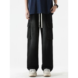 Men's Loose Gradient Color Denim Trousers With Pockets, Causal Drawstring Cotton Blend Jeans For Outdoor Activities Men's Loose Gradient Color Denim Trousers With Pockets, Causal Drawstring Cotton Blend Jeans For Outdoor Activities