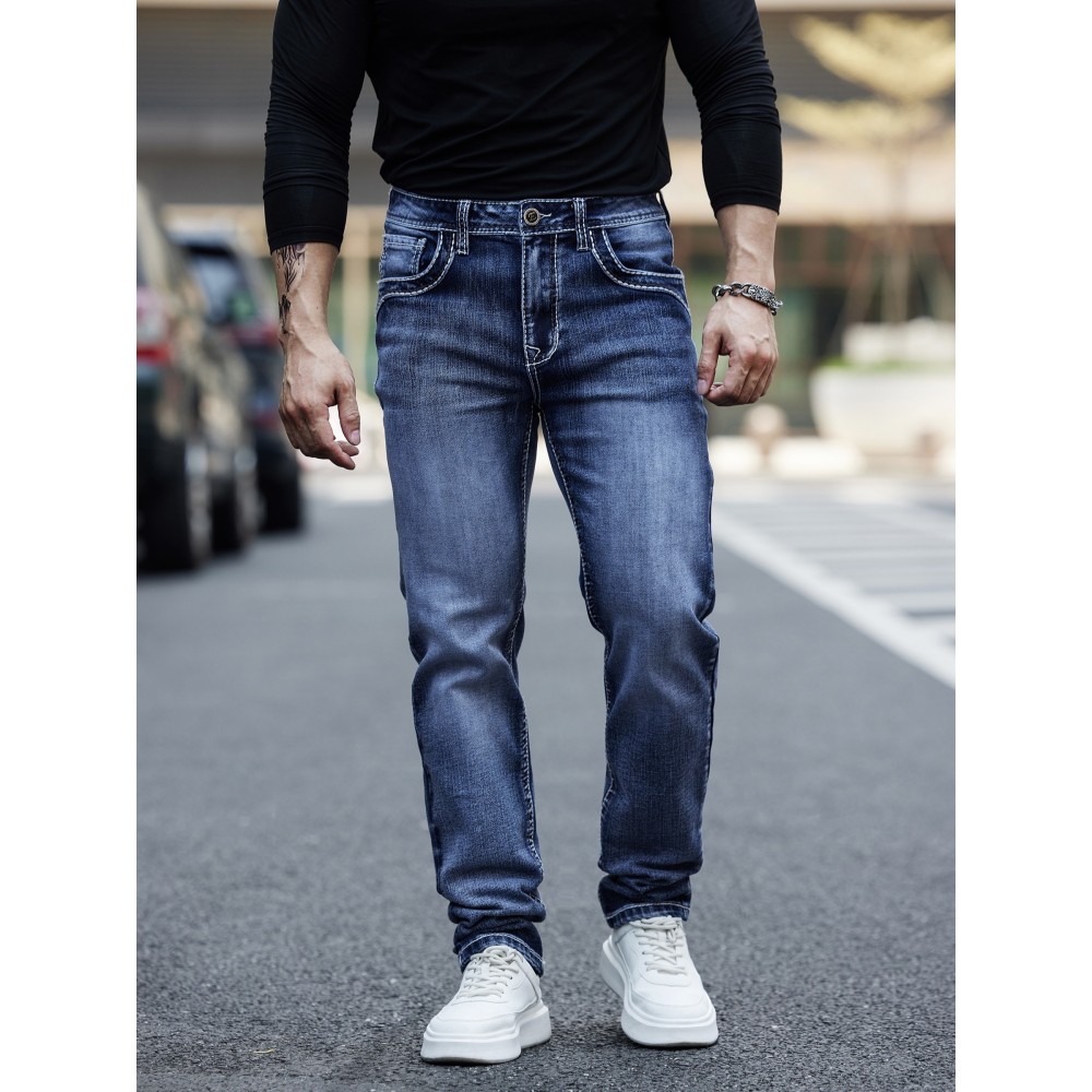 ESDVQ Men's Vintage-Inspired Embroidered Stretch Jeans - Slim Fit, Cotton Blend Denim with Pockets ESDVQ Men's Vintage-Inspired Embroidered Stretch Jeans - Slim Fit, Cotton Blend Denim with Pockets