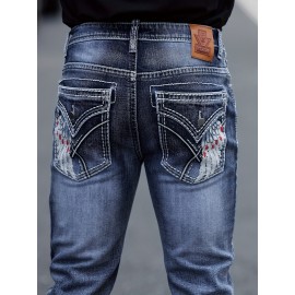 ESDVQ Men's Vintage-Inspired Embroidered Stretch Jeans - Slim Fit, Cotton Blend Denim with Pockets ESDVQ Men's Vintage-Inspired Embroidered Stretch Jeans - Slim Fit, Cotton Blend Denim with Pockets