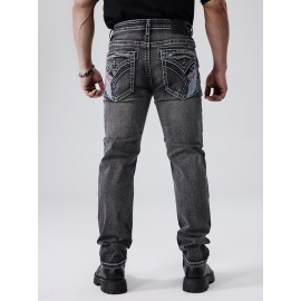 ESDVQ Men's Vintage-Inspired Embroidered Stretch Jeans - Slim Fit, Cotton Blend Denim with Pockets ESDVQ Men's Vintage-Inspired Embroidered Stretch Jeans - Slim Fit, Cotton Blend Denim with Pockets