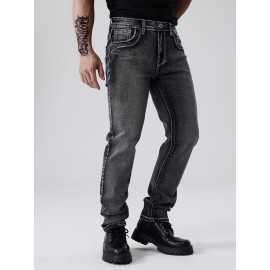 ESDVQ Men's Vintage-Inspired Embroidered Stretch Jeans - Slim Fit, Cotton Blend Denim with Pockets ESDVQ Men's Vintage-Inspired Embroidered Stretch Jeans - Slim Fit, Cotton Blend Denim with Pockets