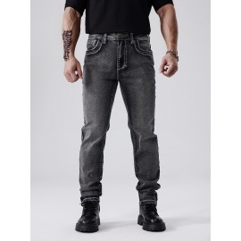 ESDVQ Men's Vintage-Inspired Embroidered Stretch Jeans - Slim Fit, Cotton Blend Denim with Pockets ESDVQ Men's Vintage-Inspired Embroidered Stretch Jeans - Slim Fit, Cotton Blend Denim with Pockets