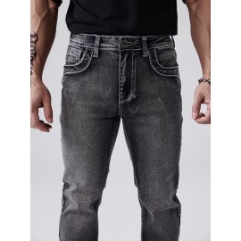 ESDVQ Men's Vintage-Inspired Embroidered Stretch Jeans - Slim Fit, Cotton Blend Denim with Pockets ESDVQ Men's Vintage-Inspired Embroidered Stretch Jeans - Slim Fit, Cotton Blend Denim with Pockets