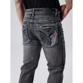 ESDVQ Men's Vintage-Inspired Embroidered Stretch Jeans - Slim Fit, Cotton Blend Denim with Pockets ESDVQ Men's Vintage-Inspired Embroidered Stretch Jeans - Slim Fit, Cotton Blend Denim with Pockets