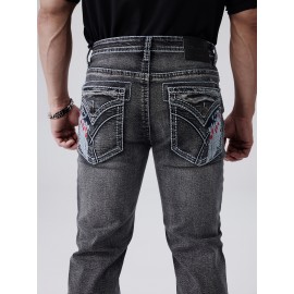 ESDVQ Men's Vintage-Inspired Embroidered Stretch Jeans - Slim Fit, Cotton Blend Denim with Pockets ESDVQ Men's Vintage-Inspired Embroidered Stretch Jeans - Slim Fit, Cotton Blend Denim with Pockets