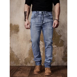 ESDVQ Men's Vintage-Inspired Embroidered Stretch Jeans - Slim Fit, Cotton Blend Denim with Pockets ESDVQ Men's Vintage-Inspired Embroidered Stretch Jeans - Slim Fit, Cotton Blend Denim with Pockets